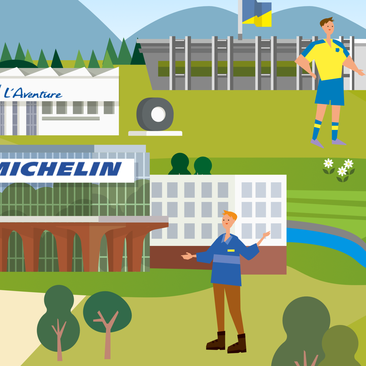 détail de l'illustration représentant un salarié michelin posant devant le bâtiment de Michelin les carmes